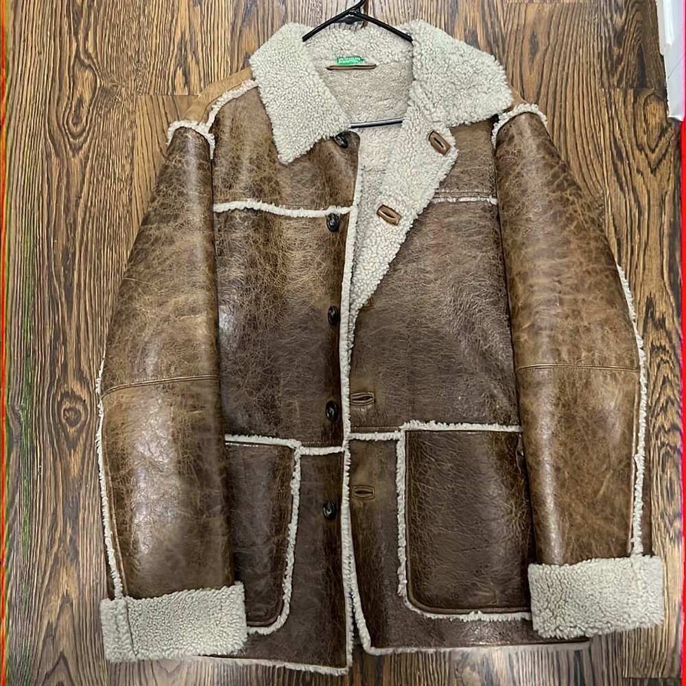 United Colors of Benetton Mens Brown Leather Jacket w Sherpa (size Medium)